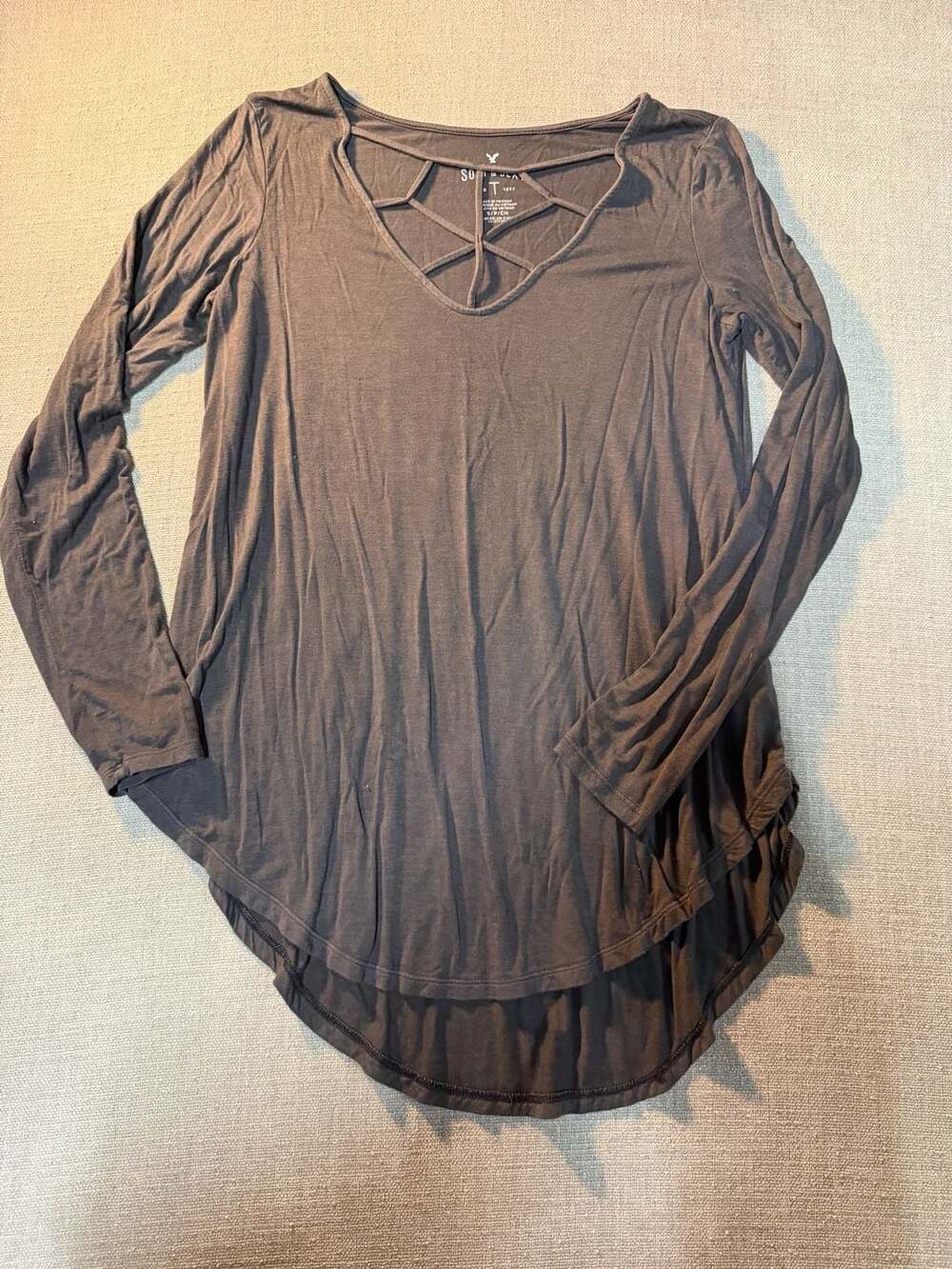 American Eagle Soft & Sexy Charcoal Grey Strappy Cage Neckline Long Sleeve Top